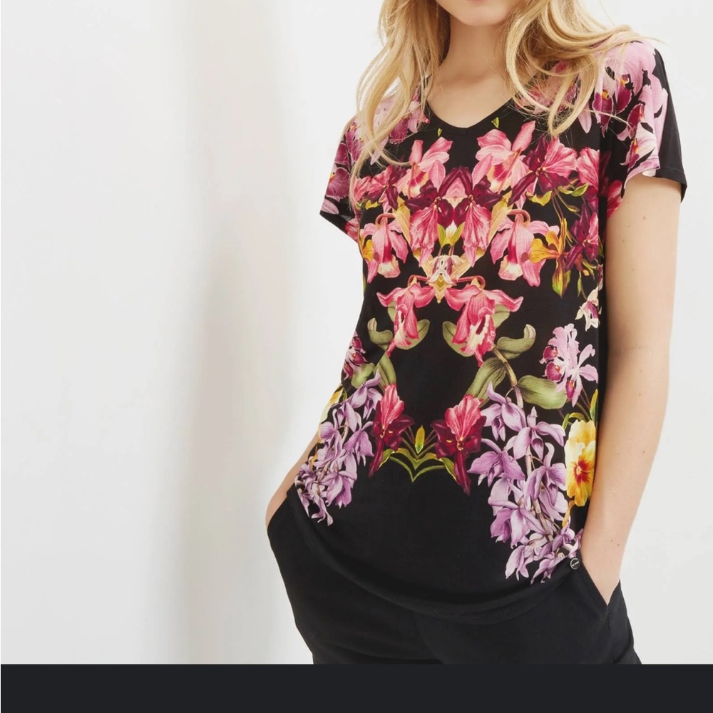 Ted Baker London Black Tee with Pink and Yellow Floral Design
